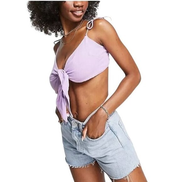 ASOS DESIGN fuller bust textured tie front crop beach top in lilac Size 14 - Picture 3 of 8